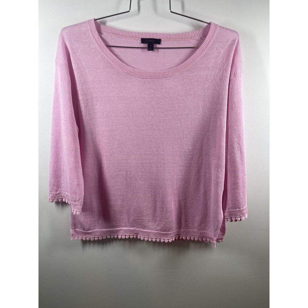 J.CREW Women’s Spring Sweater 100% Linen 3/4 Sleeves‎ Cute Pink Pom-Pom Trim S